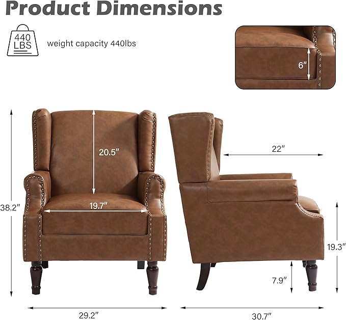 UIXE PU Leather High Back Accent Chairs Set of 2, Upholstered Armchair for Living Room, Retro Wingback Arm Chair Nailhead Trim Single Sofa Bedroom Reading Seat - Brown-Ruum Studio Home