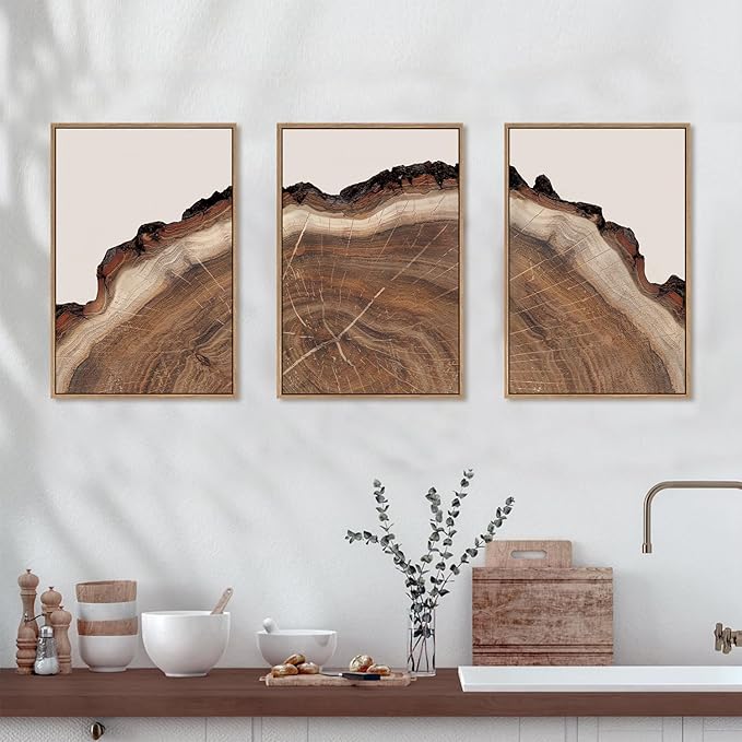 HPINUB Framed Tree Rings Wood Wall Art Set, Modern Beige Wood Stump Wall Decor, Abstract Black and Gray Tree Spiral Wall Painting, Nature-Inspired Art Print for Living Room, Bedroom, Office-24"x36"x3-Ruum Studio Home