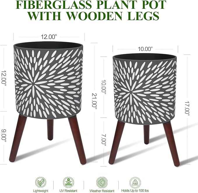 10 & 12 Inches Plant Pot with Stand Set of 2, Large Matte Gray Modern Planters for Indoor Outdoor Plants with Drainage Holes, Big Flower Pots with Wood Legs-Ruum Studio Home