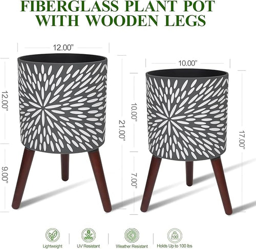 10 & 12 Inches Plant Pot with Stand Set of 2, Large Matte Gray Modern Planters for Indoor Outdoor Plants with Drainage Holes, Big Flower Pots with Wood Legs-Ruum Studio Home