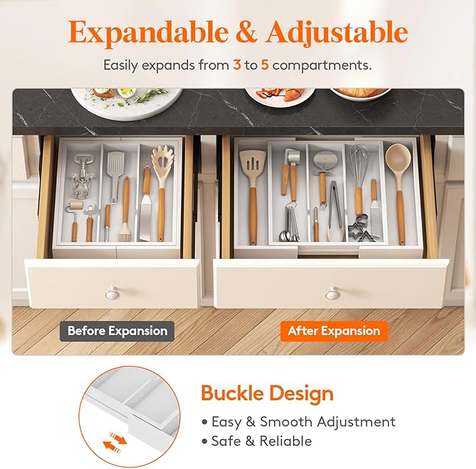 Lifewit Utensil Organizer for Kitchen Drawer, Expandable Cooking Utensil Tray, Bamboo Cutlery Silverware Flatware Holder, Adjustable Spatula Tools and Gadgets Storage Divider, Large, White-Ruum Studio Home