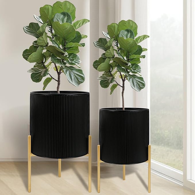ARNIS Modern Plant Pots, Set of 2 Round Large Planters with Stand, Large Size Metal Pots with Drainage Holes for Living Room, Office, Garden or Balcony, 10.5 &12.25 Inch, Black & Gold-Ruum Studio Home