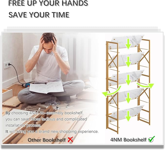 4NM 5 Tiers No Assembly Book Shelves, 51.2" H Folding Bookshelf Bookcase Open Industrial Foldable Shelves for Bedroom, Living Room, Home Office - White Gold-Ruum Studio Home