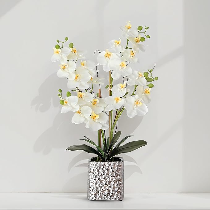 Orchid Artificial Flowers with Sliver Vase Large Silk Faux Phalaenopsis Flowers for Dining Room Table Floral Centerpieces Indoor Decoration,White-Ruum Studio Home