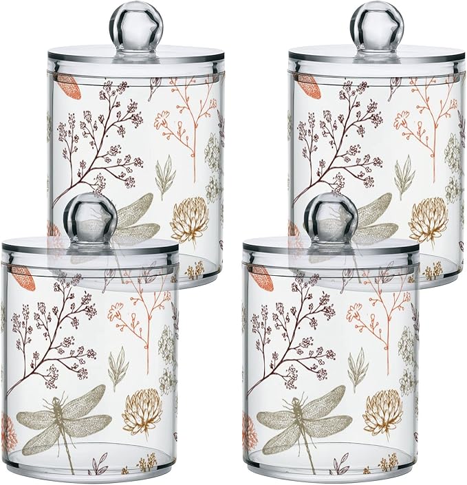 2 Pack Qtip Holder Organizer Dispenser Dragonfly Pattern Bathroom Storage Canister Cotton Ball Holder Container for Cotton Swabs/Pads/Floss-Ruum Studio Home