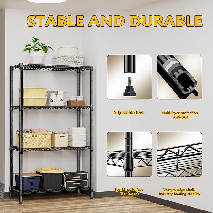 1000 lbs 4 Tier Shelf Metal Storage Shelves Shelving Wire Rack Heavy Duty Closet Organizers for Garage Kitchen Bathroom Laundry Black 13.8" D x 35.4" W x 59.5" H-Ruum Studio Home
