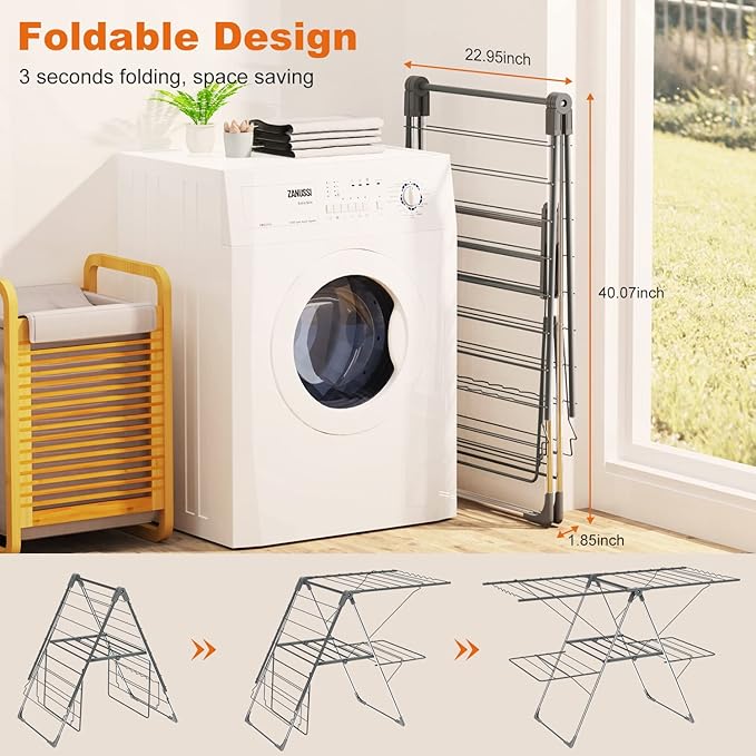 Bigzzia Clothes Drying Rack Foldable, 2-Level Large Laundry Drying Rack Collapsible, Stainless Steel Drying Rack Clothing for Indoor Outdoor, Easy to Fold, 33 Drying Rails, 142cm, Gray-Ruum Studio Home