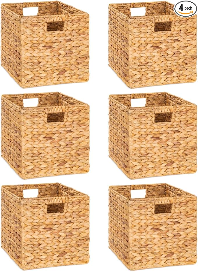 12 x 12in Water Hyacinth Storage Baskets, Wicker Storage Baskets for Shelves, Woven Baskets for Storage, Wicker Storage Basket for Bedroom, Living Room, Nursery Room (Natural 6 Packs 12x12in)-Ruum Studio Home
