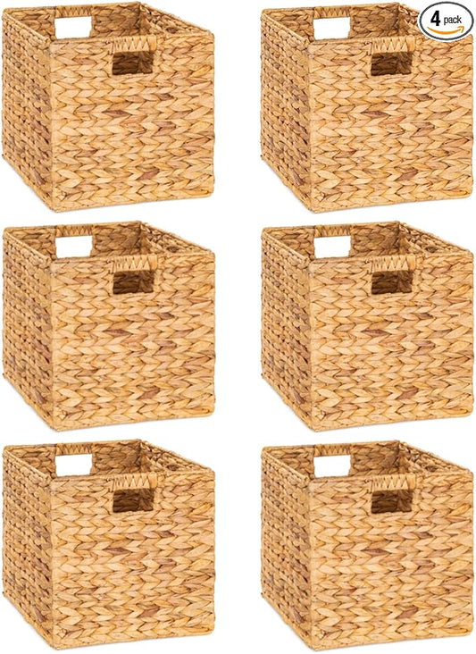 12 x 12in Water Hyacinth Storage Baskets, Wicker Storage Baskets for Shelves, Woven Baskets for Storage, Wicker Storage Basket for Bedroom, Living Room, Nursery Room (Natural 6 Packs 12x12in)-Ruum Studio Home