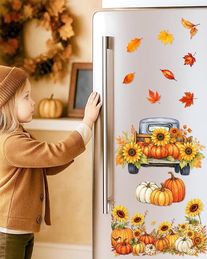 Fall Window Clings - 9 Sheets 116 Pcs Fall Decorations for Autumn Thanksgiving Harvest Home Party, Pumpkin Leaves Truck Maple Sunflowers Stickers for Glass, Double-Sided Static Window Decals-Ruum Studio Home