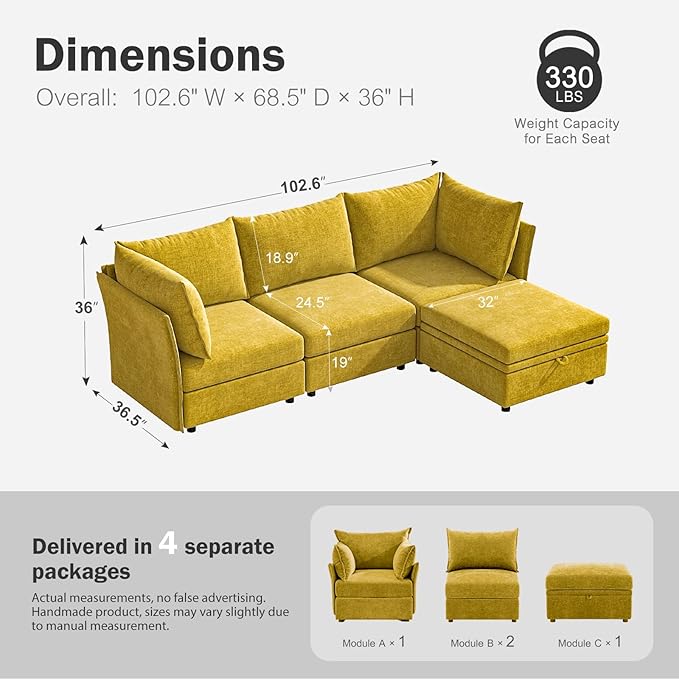 102.6" Modular Sectional Sofa, L Shaped Couch Set for Living Room, 3-Seater Comfy Cloud Couches with Movable Storage Ottoman,DIY Combination - Chenille Yellow-Ruum Studio Home