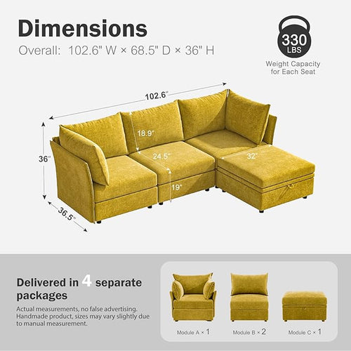 102.6" Modular Sectional Sofa, L Shaped Couch Set for Living Room, 3-Seater Comfy Cloud Couches with Movable Storage Ottoman,DIY Combination - Chenille Yellow-Ruum Studio Home