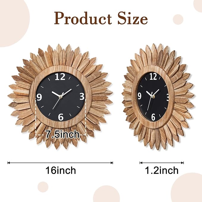 Honiway 16 Inch Wall Clocks, Rustic Wood Boho Sunburst Decorative Wall Clock Battery Operated Silent Non Ticking Farmhouse Large Wall Clocks for Living Room Kitchen Bedroom Home Decor (Rustic Brown)-Ruum Studio Home