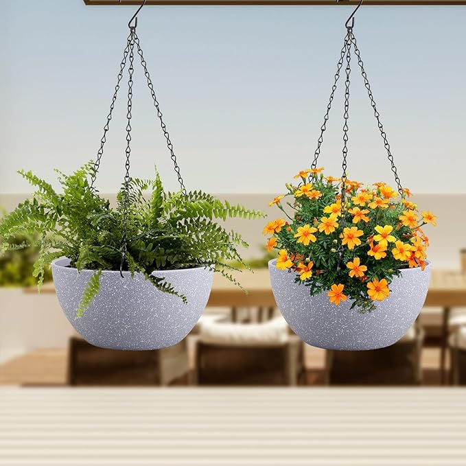 10 inch Hanging Planters for Indoor Outdoor Plants, 2 Pack Hanging Flower Pots with Drainage Holes and Chain for Garden Porch, Plastic Hanging Baskets for House Plants, Speckled Grey-Ruum Studio Home