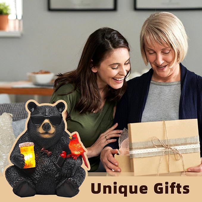 Solar Black Bear Statue for Garden with Beer and Cardinals 6.3" Resin Garden Statues for Outside Yard Paito Porch Decor Birthday Gardening Gifts for Women Mother Sister Grandmother Wife-Ruum Studio Home