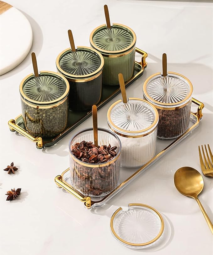 Acrylic Condiment Spice Jars,Condiment Spice Box With Lids and Spoons and Tray,Clear Plastic Condiment Canisters,Seasoning Box 4 Pack,Seasoning Box Set for Kitchen to Storage Salt,Paprika,Sugar-Ruum Studio Home