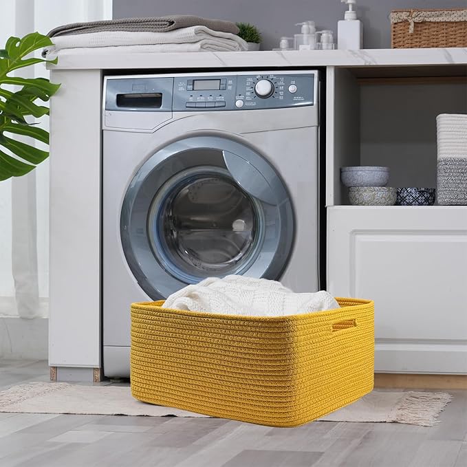 COMFY-HOMI Cotton Rope Woven Basket with Handles for Shelves,Toys,Book, Cloth Storage Baskets for Organizing-17" x 13" x 7.5" Toy Decorative Organizer for Living Room, Bathroom （Yellow）-Ruum Studio Home