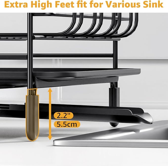 Dish Drying Rack for Kitchen Counter, Expandable Large Capacity Dish Rack with Drainboard, Wine Glasses Holder, Space Saving Organizer, Black-Ruum Studio Home