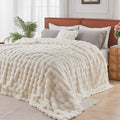 Lotus Karen Queen Size Faux Fur Blanket - Cream White Big Bubble Rabbit Fluff, 90x90 Inches-Ruum Studio Home