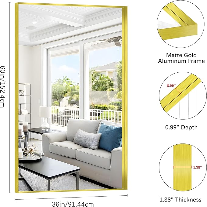 Gold Bathroom Mirror, 36x60 Inch Rectangular Deep Frame Mirror, Large Wall Mounted Bathroom Vanity Mirror Over Sink for Bedroom,Restroom, Living Room, Hangs Vertically or Horizontally-Ruum Studio Home