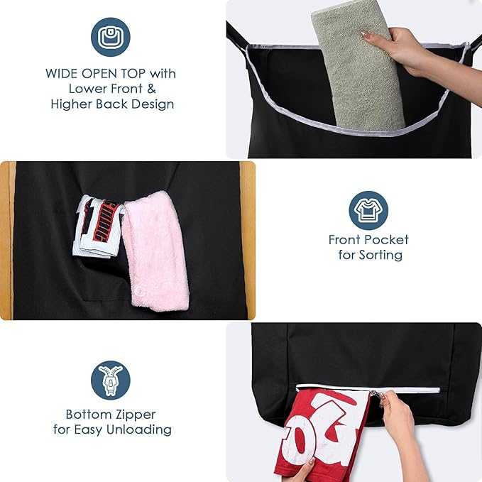 The Fine Living Co. X-Large Hanging Laundry Hamper with Over Door Hooks & Adhesive,Durable Space Saving Laundry Bag with Zipper and Wide Open Top,Hanging Dorm Laundry Hamper 20"x3.75"x31" (Black-XL)-Ruum Studio Home