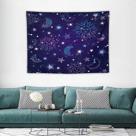 HZOHNAGO Boho Sun Moon Tapestry Purple Blue Sun Stars Galaxy Pattern Printed Wall Tapestry Wall Hanging for Bedroom Living Room Dorm 40" W x 30" H-Ruum Studio Home