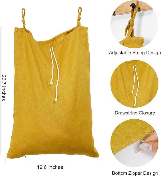 Linen Hanging Laundry Bag, Over The Door Laundry Hamper for Dirty Clothes, Drawstring Closure with Bottom Zipper, Turmeric-Ruum Studio Home