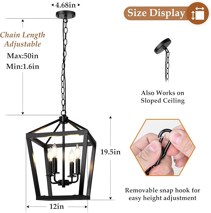 BrightHome Farmhouse Chandelier 4-Light, Black Pendant Light Fixture Ceiling Hanging for Kitchen Island Dining Room, Lantern Industrial Lighting with Metal Cage Adjustable Height for Entryway Foyer-Ruum Studio Home
