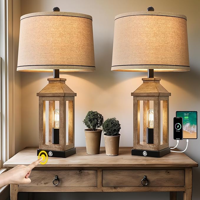 23.75" Farmhouse Dual USB Charging Ports 3-Way Dimmable Touch Control Table Lamp with Nightlight Vintage Modern Lamps for Living Room Bedroom-Ruum Studio Home