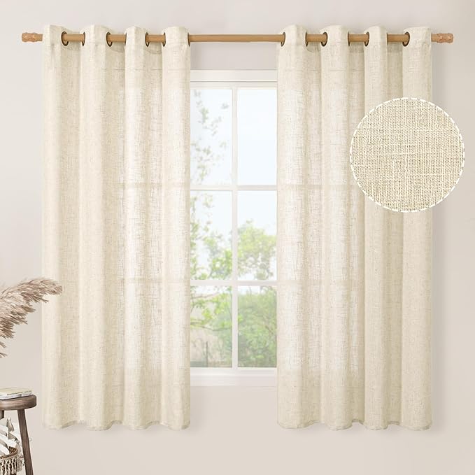 LAMIT Beige Linen Curtains 63 inch Length 2 Panels for Living Room, Bronze Grommet Soft Semi Sheer Light Filtering Window Treatments Neutral Drapes for Bedroom, 52 x 63 Inch, Beige-Ruum Studio Home