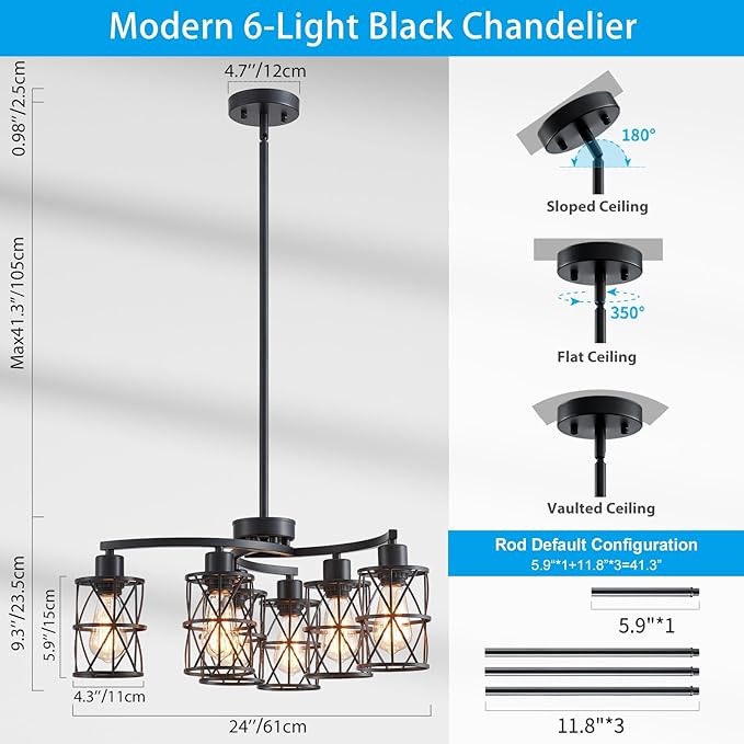 XINGQI Modern Black Chandelier 6-Light Pendant Lighting Fixture with Metal Shade 24" Height Adjustable for Dining Room Living Room Bedroom-Ruum Studio Home