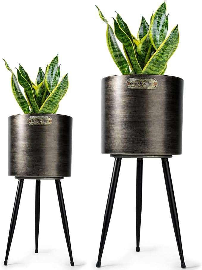 Harvest Land Plant Pots with Stand, Set of 2 Large Modern Planters Metal Tall Handmade Flower Pots with Drainage Holes Indoor Outdoor,Black-Ruum Studio Home