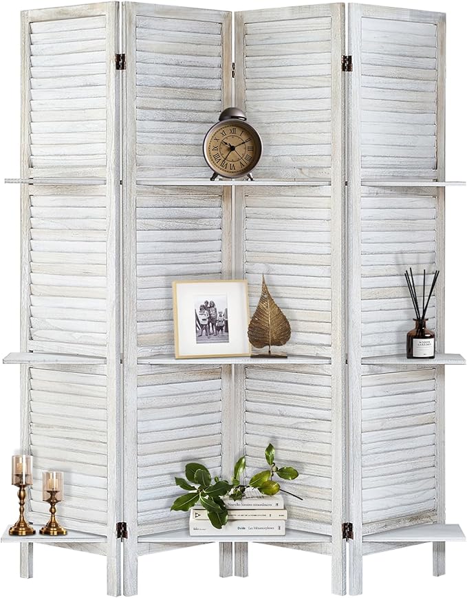 Room Divider with Shelves, Privacy Screen, Room Dividers and Folding Privacy Screens, 4 Panel Wood Temporary Wall Partition Separation Separator, Coconut-Ruum Studio Home