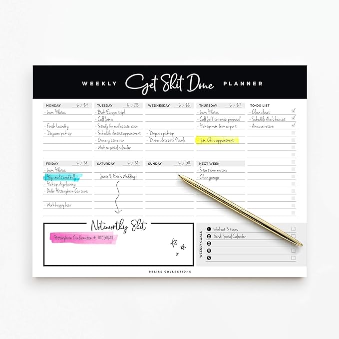 Bliss Collections Weekly Planning Pad, To Do List Notebook - Undated Tear-Off Sheets Notepad - Work Calendar, Organizer, Scheduler for Goals, Tasks - Get Stuff Done, 8.5" x 11", 50 Sheets-Ruum Studio Home