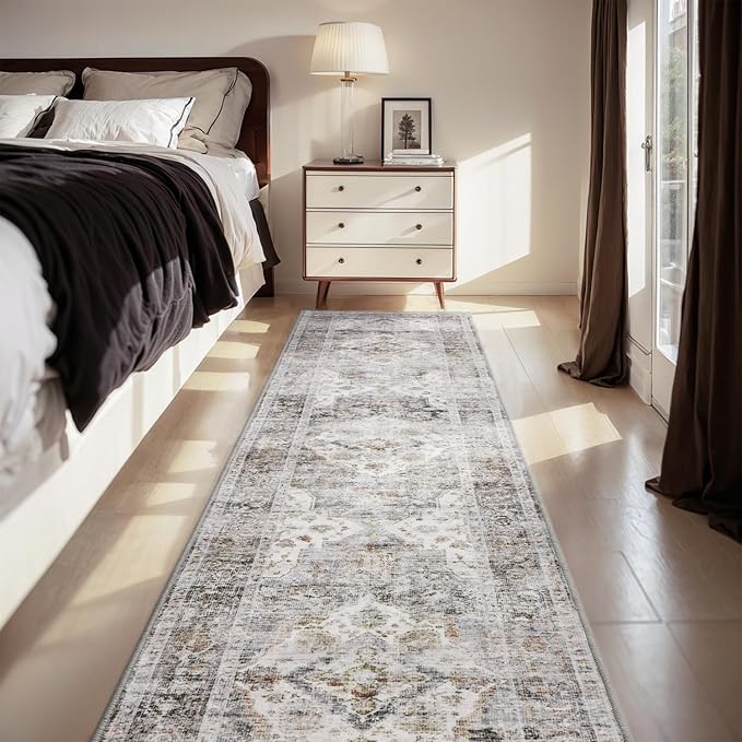 AMOAMI-2X10 Runner Rug-Washable Runners for Hallways-Soft Non Slip Bedside Rugs for Bedroom-Vintage Long Rug for Hallways Entryway Laundry Room Stair Kitchen Bathroom Grey-Ruum Studio Home