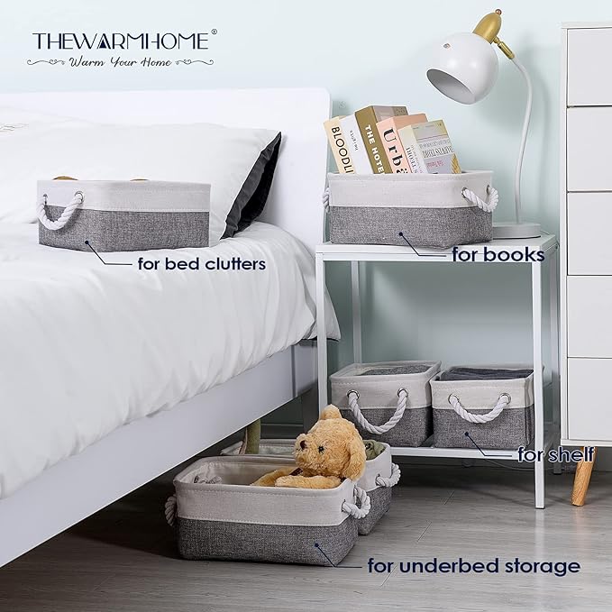 TheWarmHome Small Storage Baskets for Organizing,Storage Baskets for Shelves,Small Fabric Storage Bins W/Handles For Closet Nursery Toy Decorative Foldable (White&Grey, 11.8L*7.9W*5.2H-6 Pack)-Ruum Studio Home