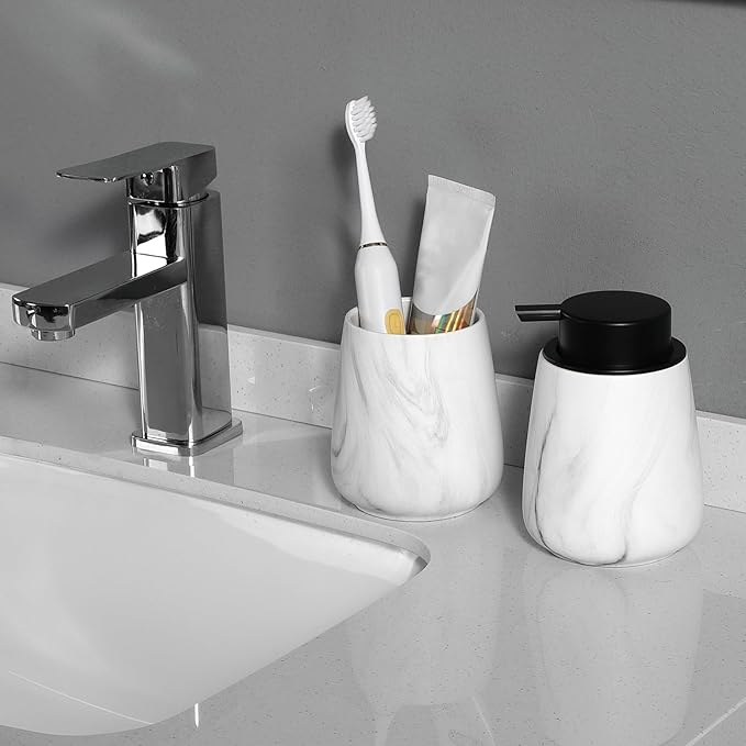 2Pcs Toothbrush Holder for Bathroom - Marble White Ceramic Tooth Brushing Holders Set, Toothbrush Cup & Toothpaste Organizer for Bathroom Countertop, Makeup Brush Holder, Pen Holder for Home Storage-Ruum Studio Home