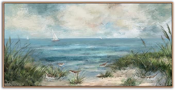 Sea Beach Framed Canvas Wall Art Vintage Seascape Canvas Prints Wall Decor Ocean Sailboat Seagull Canvas Pictures Beach Bird Reed Canvas Painting Artwork Living Room Bedroom Decoration 29" X 58"-Ruum Studio Home