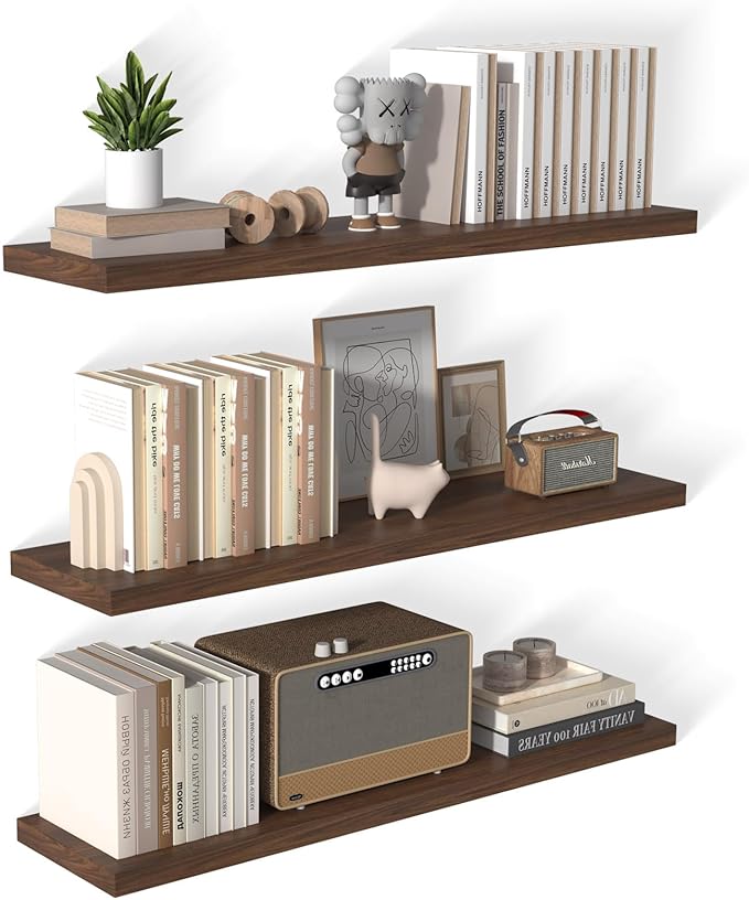 48 Inch Floating Shelf 3 Pack Large Floating Shelves for Wall No Drilling Accessories Included Deep Wall Shelves for Living Room Kitchen Farmhouse 48" W x 12" D x 1.2" Walnut-Ruum Studio Home