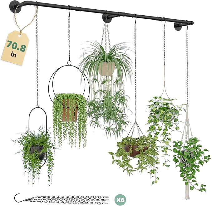 Plant Hanger Indoor with 6 Hanging Chains Hanging Planters for Indoor Plants Hanging Plant Holder Window Plant Rod Black Metal Shelves(70.8 Inch Pot not Included-Ruum Studio Home