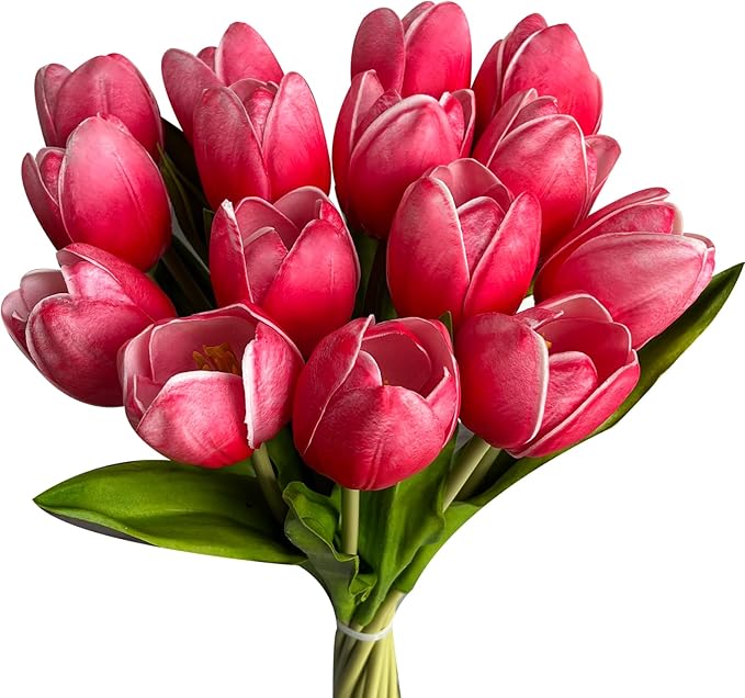 Buart Artificial Tulip in Bulk for Home Kitchen Wedding Bridal Bouquet,Fake Flowers for Mother's Day Easter Table Centerpieces Decorations(Large Size,Hot Pink,Real-Touch,12pcs)-Ruum Studio Home