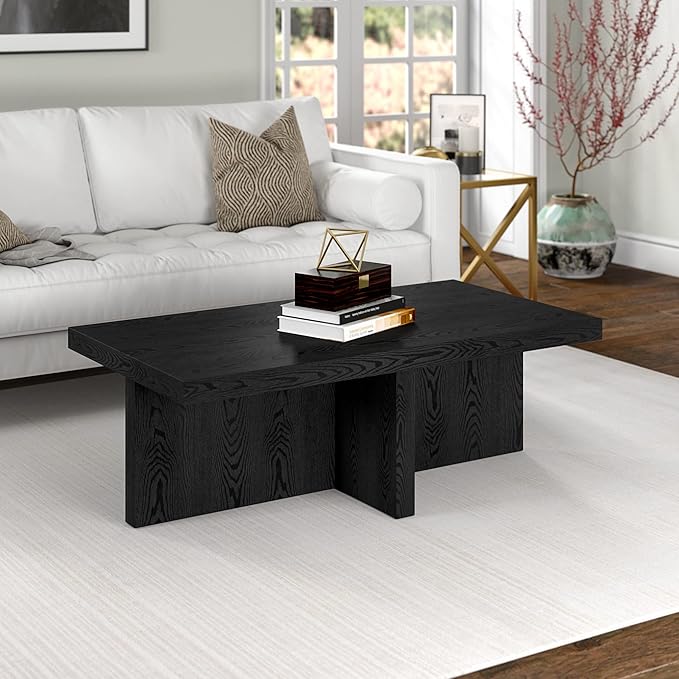 Henn&Hart 44" Rectangular Wood Pedestal Low-Profile Coffee Table for Living Room, Family Room, or Office, Black Grain-Ruum Studio Home