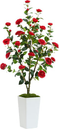 Artificial Camellia Tree 5FT Faux Trees Indoor Fake Floral Plant Blooming Tree with Red Flowers & White Tall Planter, Faux Camellia Plants for Porch Home Room Bedroom Office Front Door Outdoor Decor-Ruum Studio Home