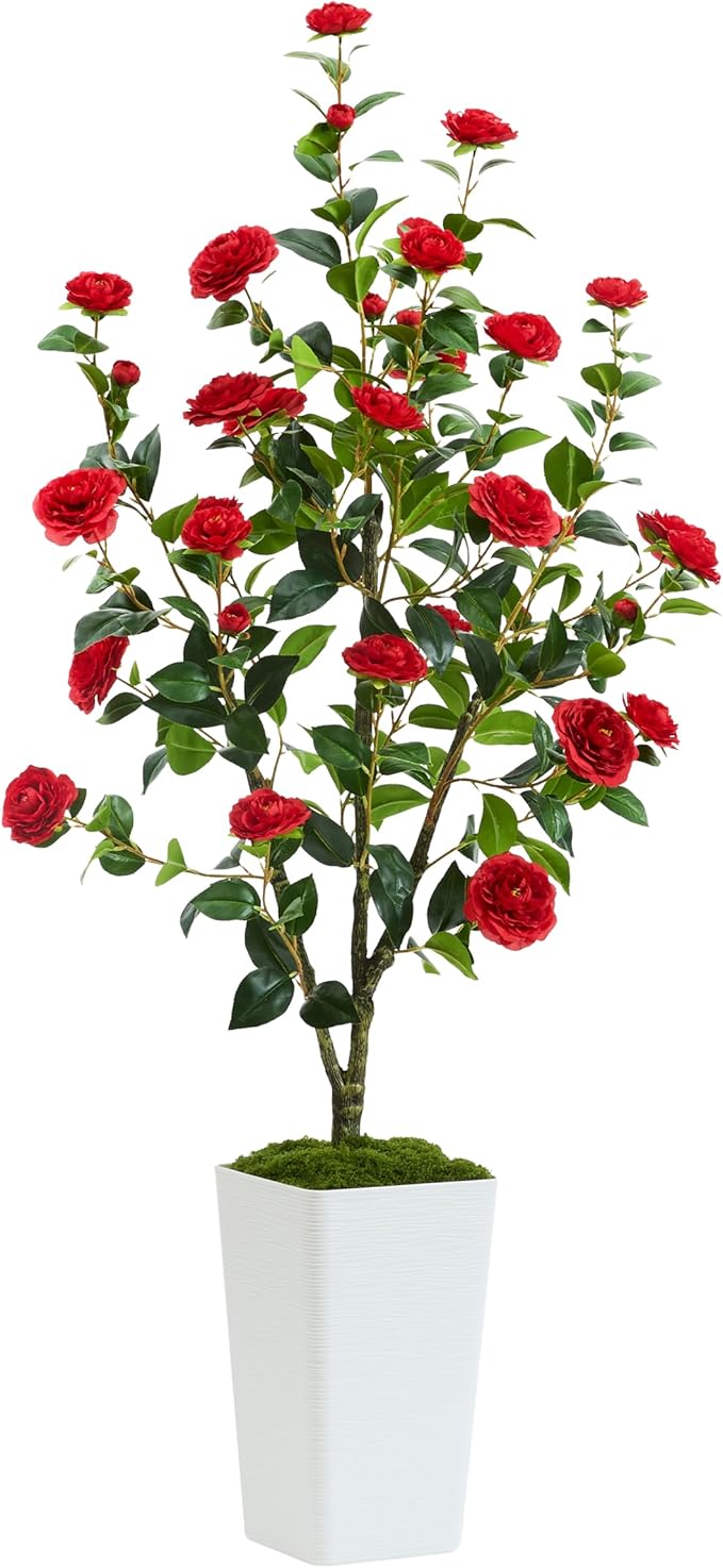 Artificial Camellia Tree 5FT Faux Trees Indoor Fake Floral Plant Blooming Tree with Red Flowers & White Tall Planter, Faux Camellia Plants for Porch Home Room Bedroom Office Front Door Outdoor Decor-Ruum Studio Home