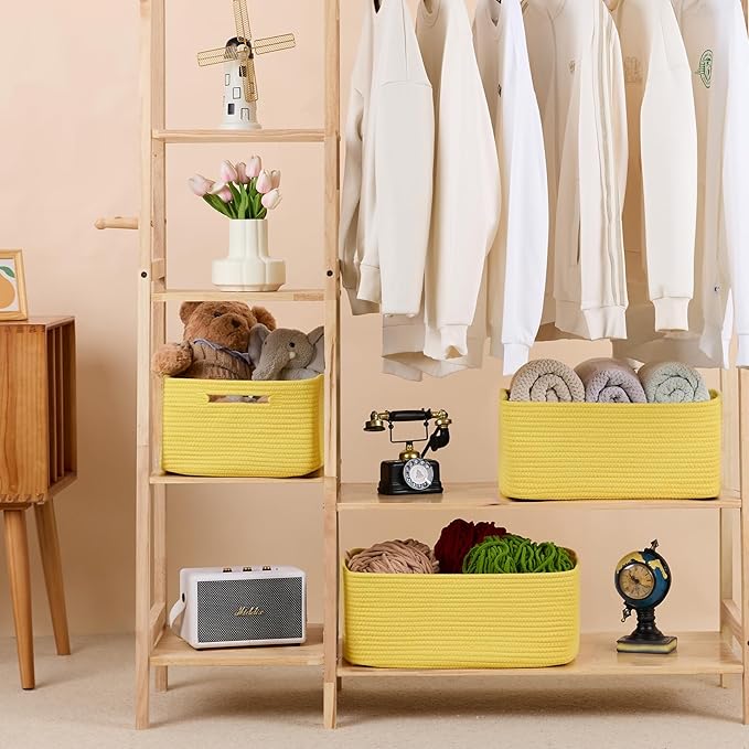 Large Storage Baskets for Shelves, Closet Organizers Bins for Clothes Blanket Towels, Baby Nursery, Toy Baskets Box, Woven Rope Baskets, 17 x 13 x 7.5”, 2 Packs Yellow-Ruum Studio Home