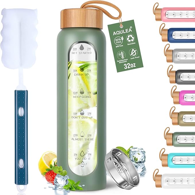 Aqulea Glass Water Bottles 32 Oz with Silicone Sleeve - BPA Free Reusable Wide Mouth Glass Motivational Water Bottles with Fruit Infuser – Leak Proof Borosilicate Water Bottle with Time Marker (Green)-Ruum Studio Home