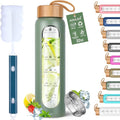 Aqulea Glass Water Bottles 32 Oz with Silicone Sleeve - BPA Free Reusable Wide Mouth Glass Motivational Water Bottles with Fruit Infuser – Leak Proof Borosilicate Water Bottle with Time Marker (Green)-Ruum Studio Home