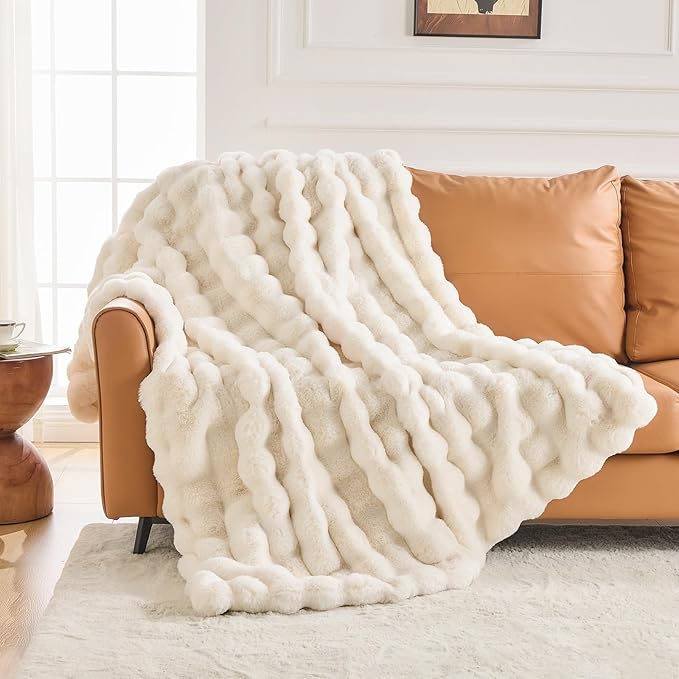 Cozy Faux Fur Throw Blanket for Bed-Warm Fuzzy Throw Blanket, Soft Plush Thick Bubble Blankets for Bedroom and Living Room, Furry Luxury Blanket, 90 x 108, Cream-Ruum Studio Home