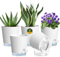 4 inch Self Watering Pots for Indoor Plants, 5 Pack Small Flower Plant Pots with Drainage Holes and Clear Reservoirs, Visible Water Level, Plastic Planters with Wicking Rope, White-Ruum Studio Home