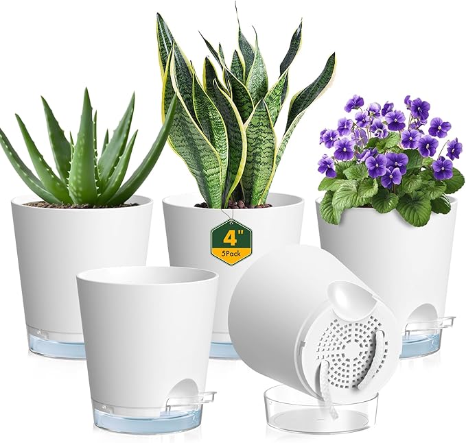 4 inch Self Watering Pots for Indoor Plants, 5 Pack Small Flower Plant Pots with Drainage Holes and Clear Reservoirs, Visible Water Level, Plastic Planters with Wicking Rope, White-Ruum Studio Home